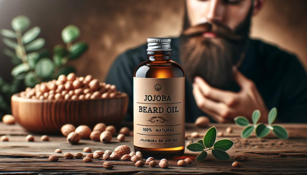 Realistyczne zdjęcie butelki olejku do brody z napisem 'Jojoba Beard Oil' w eleganckiej czcionce. Etykieta jest prosta i czytelna, podkreślając '100% Natural Jojoba Oil'. Butelka umieszczona jest na drewnianej powierzchni, otoczona nasionami i roślinami jojoby, wskazując na jej naturalne pochodzenie. W tle widoczny jest mężczyzna z zadbaną brodą, aplikujący olejek, co odzwierciedla odżywczy i pielęgnacyjny charakter produktu. Całość tworzy wrażenie naturalnej pielęgnacji i kluczowej roli oleju jojoba w dbałości o brodę.