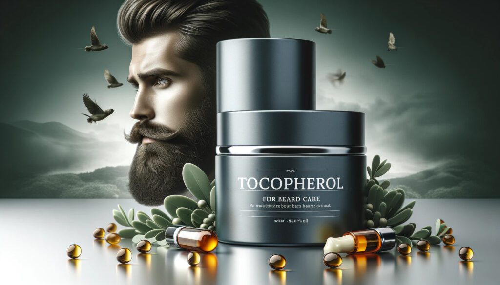 Wysokiej rozdzielczości obraz przedstawiający produkt kosmetyczny z etykietą 'Tocopherol for Beard Care' w eleganckim, nowoczesnym opakowaniu. Produkt nie jest olejkiem, a luksusowym kremem lub balsamem, podkreślającym jego zastosowanie jako odżywczy produkt do pielęgnacji brody. Opakowanie umieszczono na tle naturalnych elementów, takich jak zielone liście i kapsułki witaminy E, co podkreśla jego kluczowy składnik. W tle subtelne zdjęcie mężczyzny z zadbaną, zdrową brodą, sugerujące korzyści płynące z tokoferolu w pielęgnacji brody. Całość wygląda elegancko i koncentruje się na znaczeniu tokoferolu w utrzymaniu lśniącej brody.